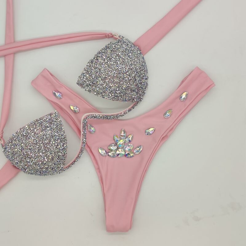 Bling stones bikini set new swimwear sexy diamond rhinestone bathing suit beachwear hot selling swimsuit Pink