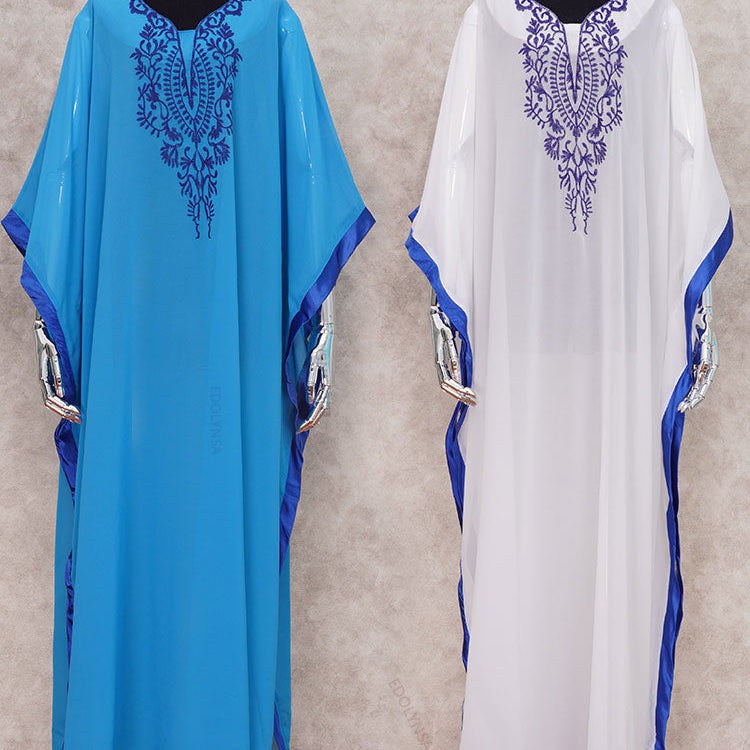 Blue Bohemian Embroidered Batwing Sleeve Side Split Summer Beach Dress Chiffon Tunic Women Plus Size Beachwear kaftan
