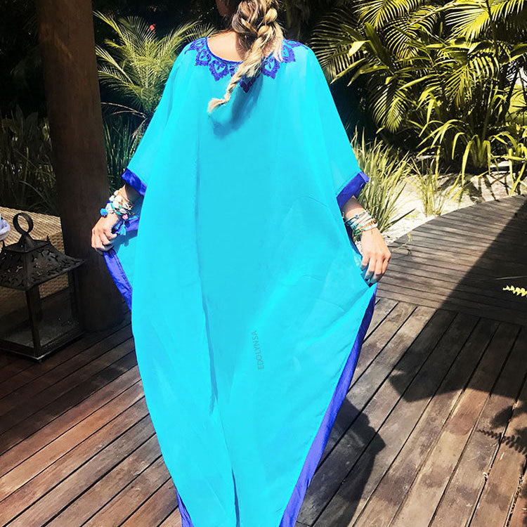 Blue Bohemian Embroidered Batwing Sleeve Side Split Summer Beach Dress Chiffon Tunic Women Plus Size Beachwear kaftan