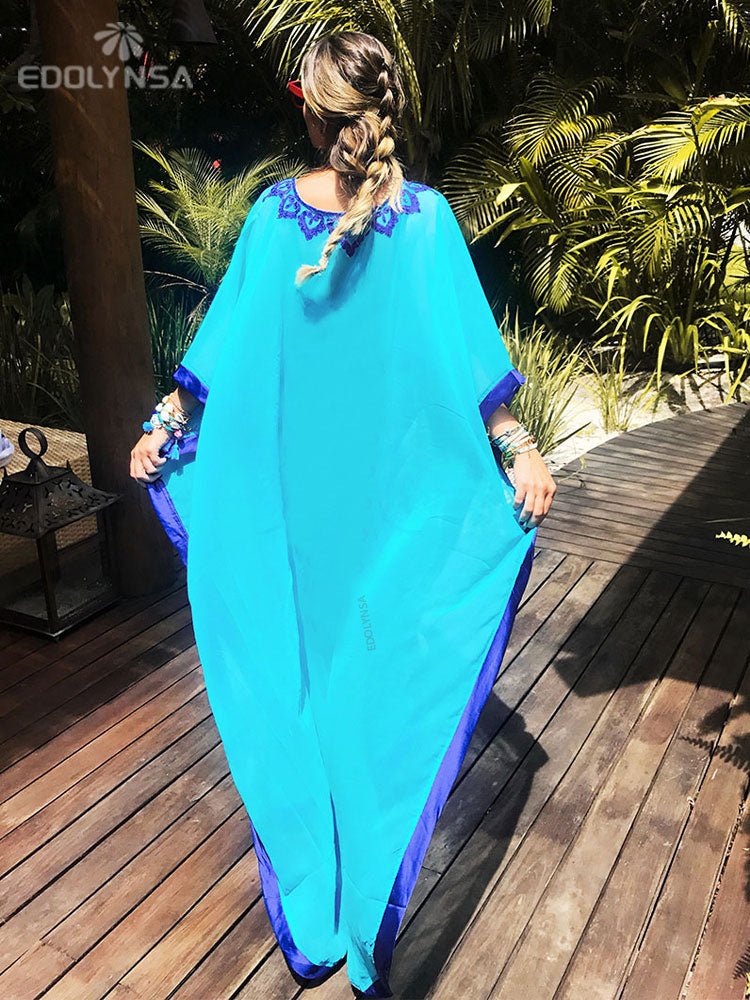 Blue Bohemian Embroidered Batwing Sleeve Side Split Summer Beach Dress Chiffon Tunic Women Plus Size Beachwear kaftan