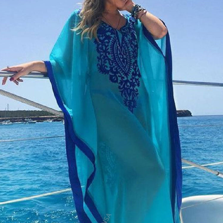 Blue Bohemian Embroidered Batwing Sleeve Side Split Summer Beach Dress Chiffon Tunic Women Plus Size Beachwear kaftan