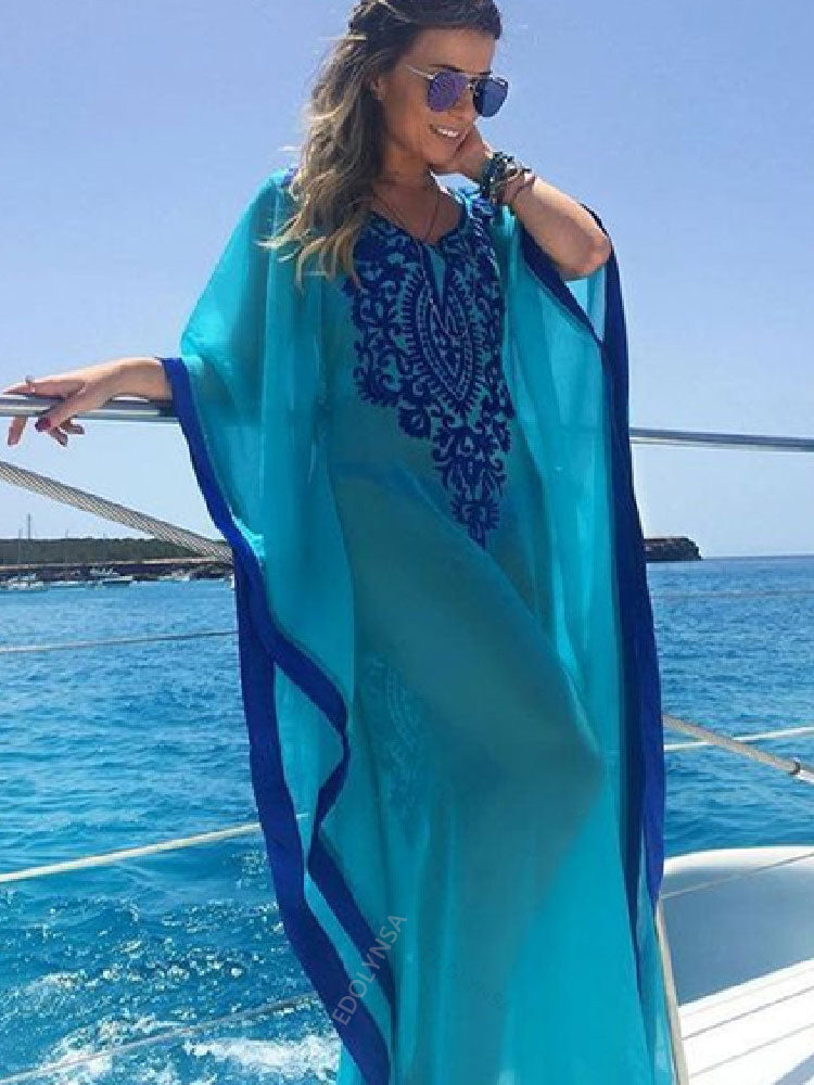 Blue Bohemian Embroidered Batwing Sleeve Side Split Summer Beach Dress Chiffon Tunic Women Plus Size Beachwear kaftan