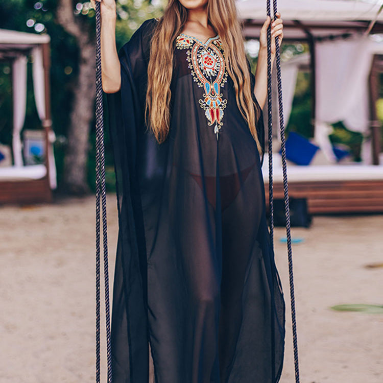 Blue Bohemian Embroidered Batwing Sleeve Side Split Summer Beach Dress Chiffon Tunic Women Plus Size Beachwear kaftan Q960 One Size