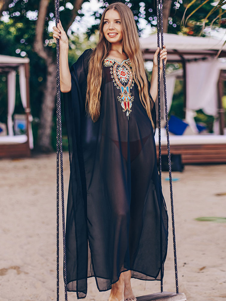 Blue Bohemian Embroidered Batwing Sleeve Side Split Summer Beach Dress Chiffon Tunic Women Plus Size Beachwear kaftan Q960 One Size