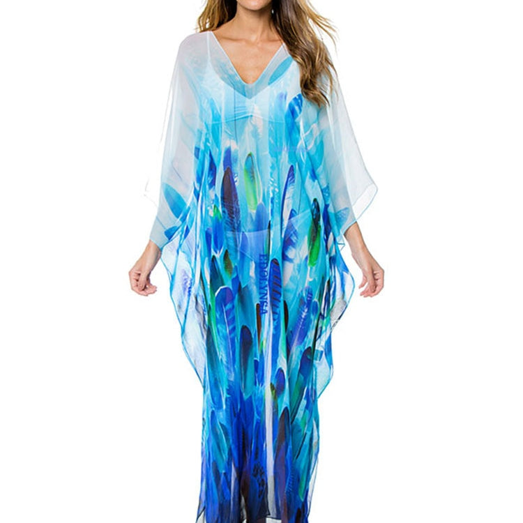 Blue Bohemian Embroidered Batwing Sleeve Side Split Summer Beach Dress Chiffon Tunic Women Plus Size Beachwear kaftan Q842 One Size