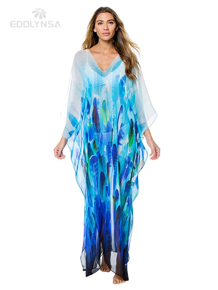 Blue Bohemian Embroidered Batwing Sleeve Side Split Summer Beach Dress Chiffon Tunic Women Plus Size Beachwear kaftan Q842 One Size