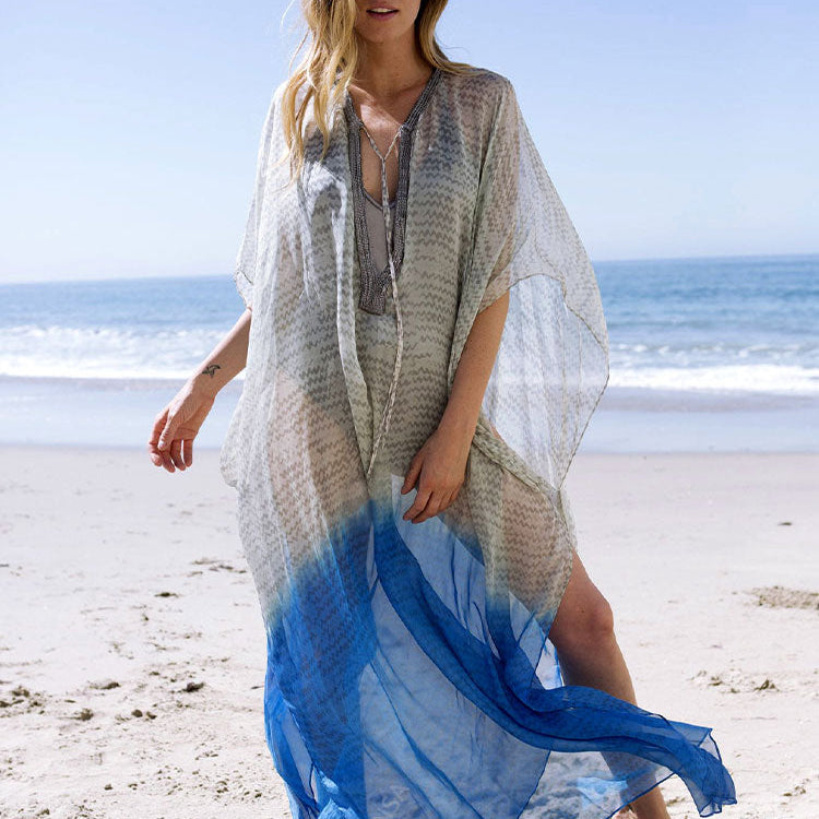 Blue Bohemian Embroidered Batwing Sleeve Side Split Summer Beach Dress Chiffon Tunic Women Plus Size Beachwear kaftan Q952 One Size