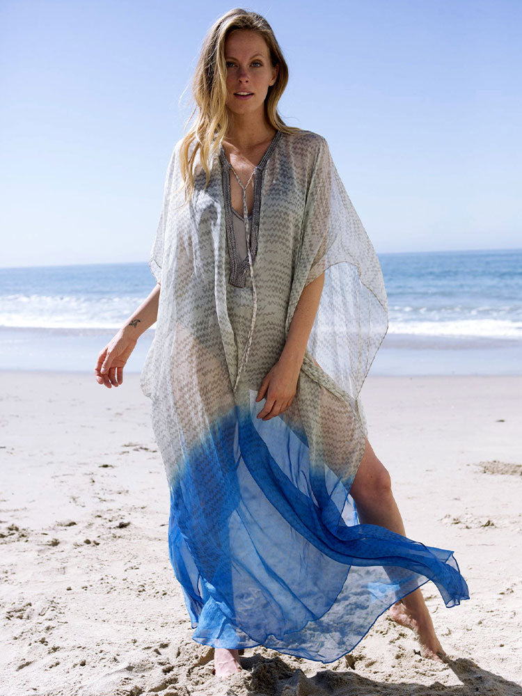 Blue Bohemian Embroidered Batwing Sleeve Side Split Summer Beach Dress Chiffon Tunic Women Plus Size Beachwear kaftan Q952 One Size