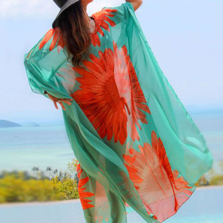 Blue Bohemian Embroidered Batwing Sleeve Side Split Summer Beach Dress Chiffon Tunic Women Plus Size Beachwear kaftan Q679 One Size