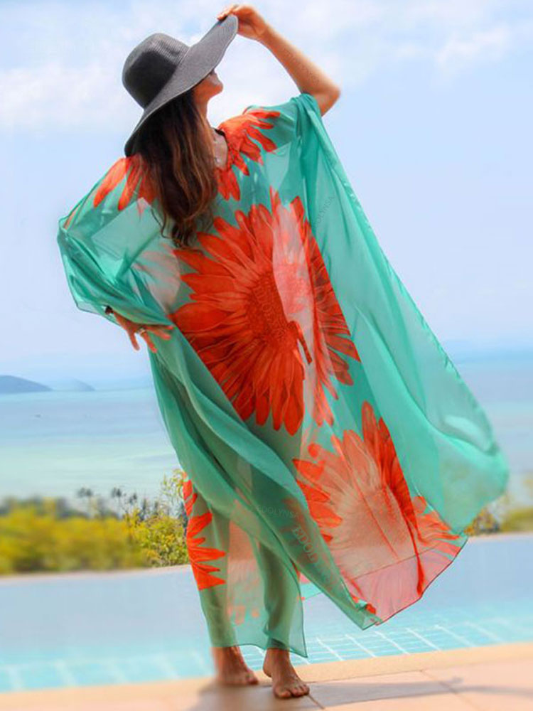 Blue Bohemian Embroidered Batwing Sleeve Side Split Summer Beach Dress Chiffon Tunic Women Plus Size Beachwear kaftan Q679 One Size