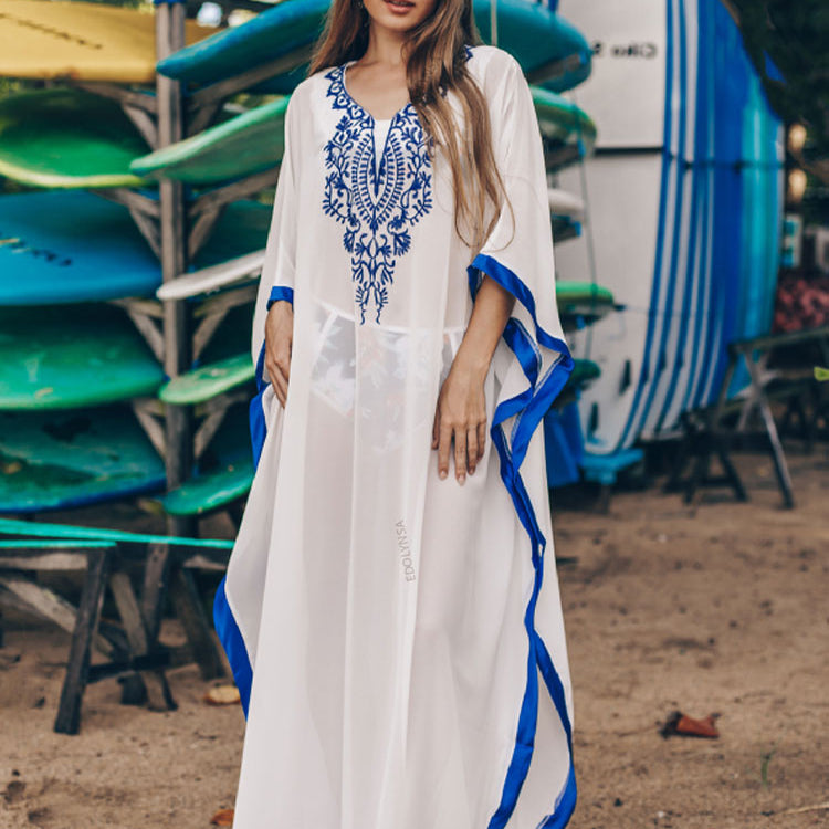 Blue Bohemian Embroidered Batwing Sleeve Side Split Summer Beach Dress Chiffon Tunic Women Plus Size Beachwear kaftan