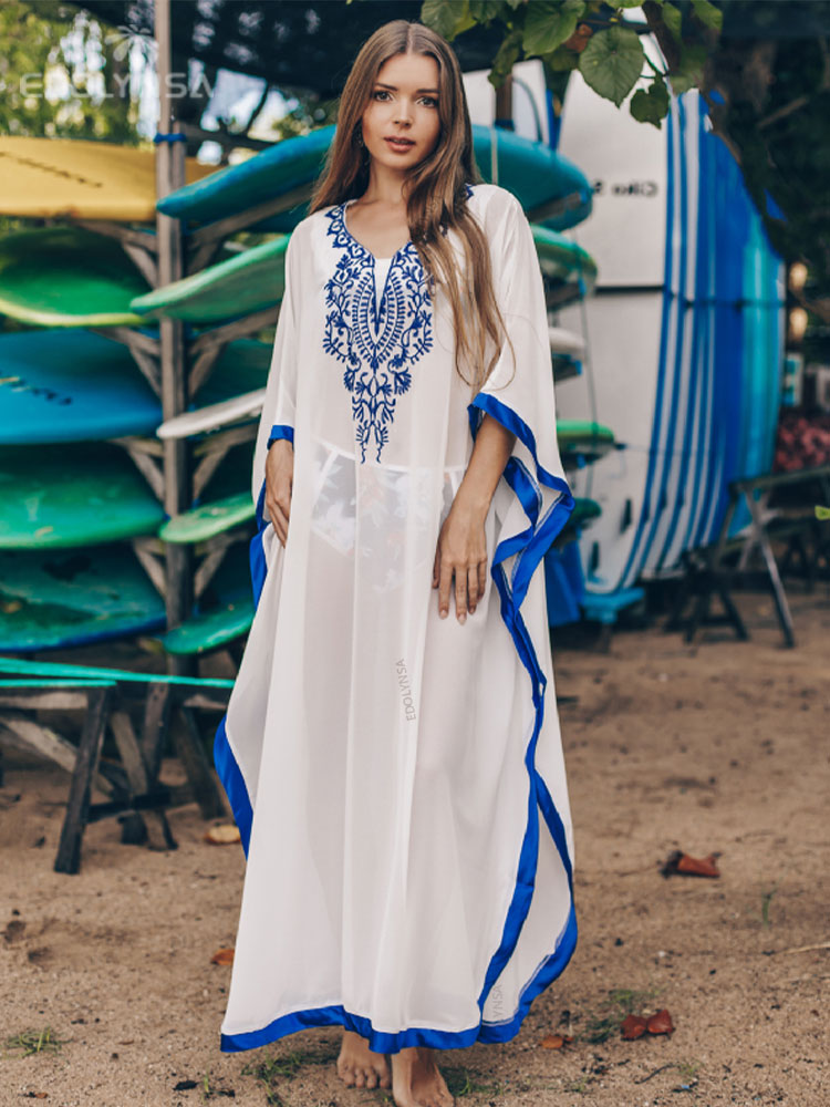 Blue Bohemian Embroidered Batwing Sleeve Side Split Summer Beach Dress Chiffon Tunic Women Plus Size Beachwear kaftan