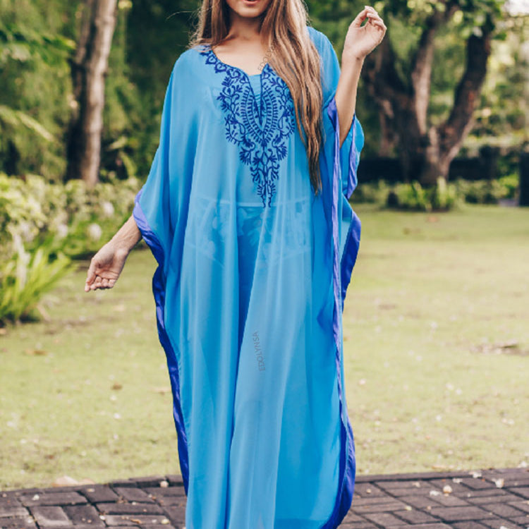 Blue Bohemian Embroidered Batwing Sleeve Side Split Summer Beach Dress Chiffon Tunic Women Plus Size Beachwear kaftan