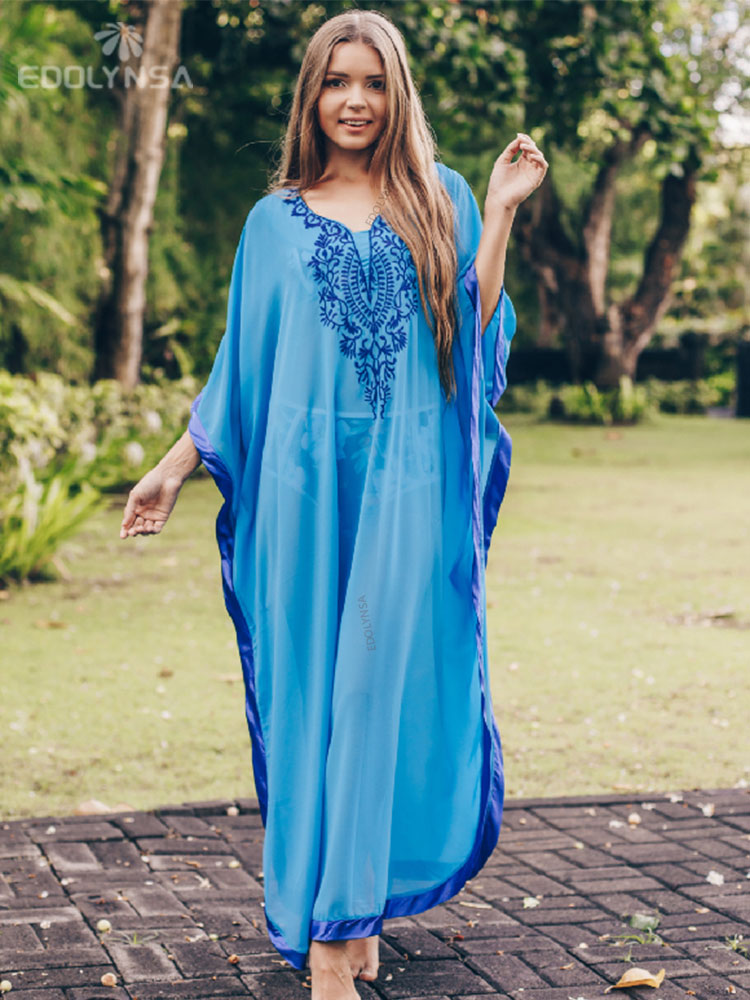 Blue Bohemian Embroidered Batwing Sleeve Side Split Summer Beach Dress Chiffon Tunic Women Plus Size Beachwear kaftan
