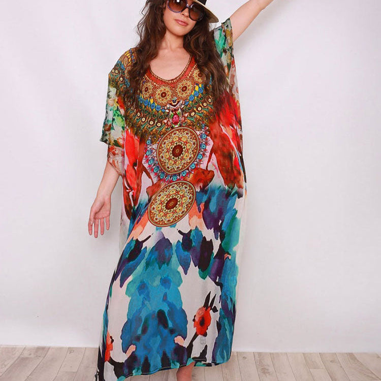 Blue Bohemian Embroidered Batwing Sleeve Side Split Summer Beach Dress Chiffon Tunic Women Plus Size Beachwear kaftan Q953 One Size