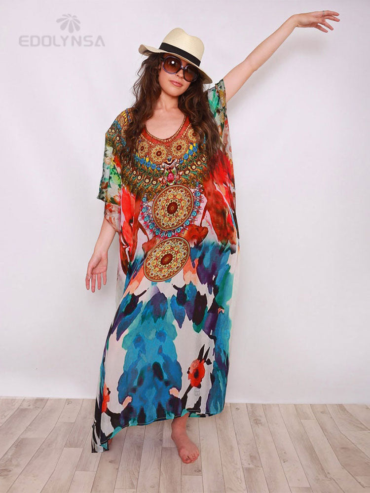 Blue Bohemian Embroidered Batwing Sleeve Side Split Summer Beach Dress Chiffon Tunic Women Plus Size Beachwear kaftan Q953 One Size