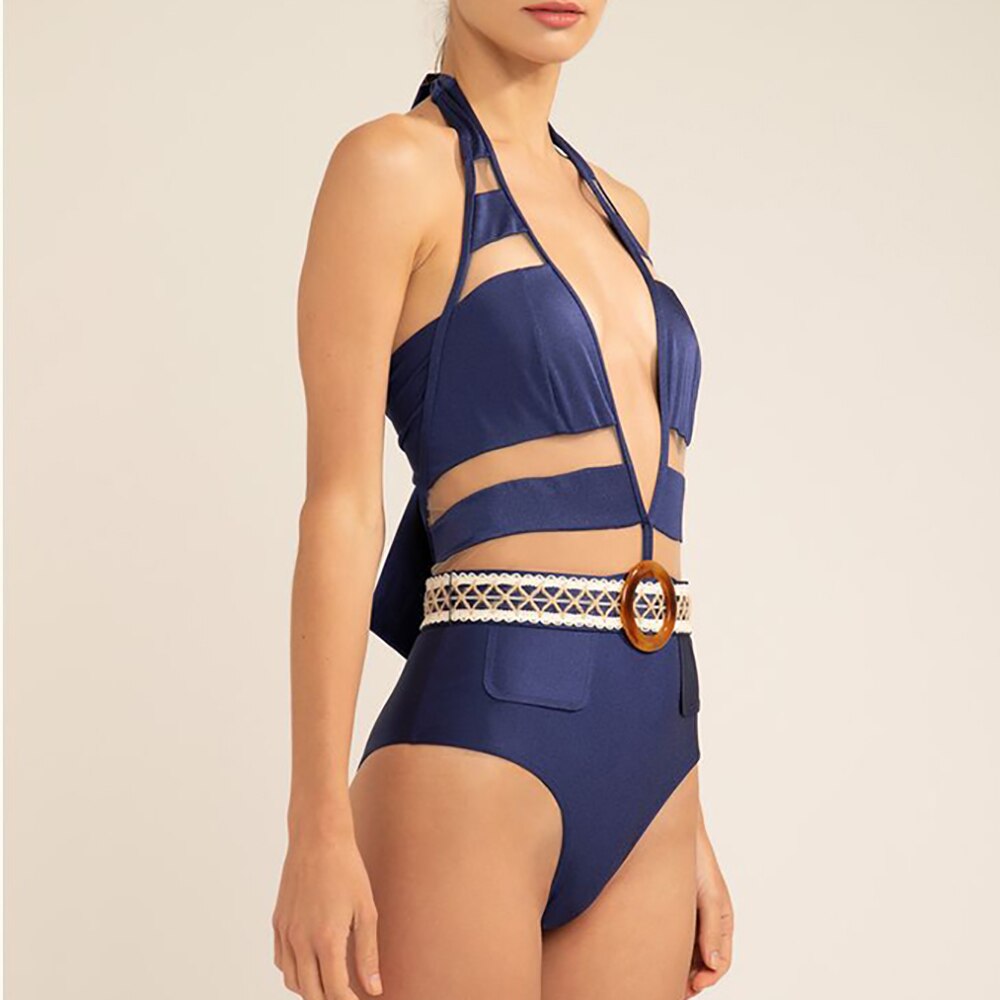 Blue Cutout Triangle Swimsuit Tight Metal Ring Tie Lace Backless Swimwear Tankini Women Swimming Suits Swimwear Patchwork AMAIO