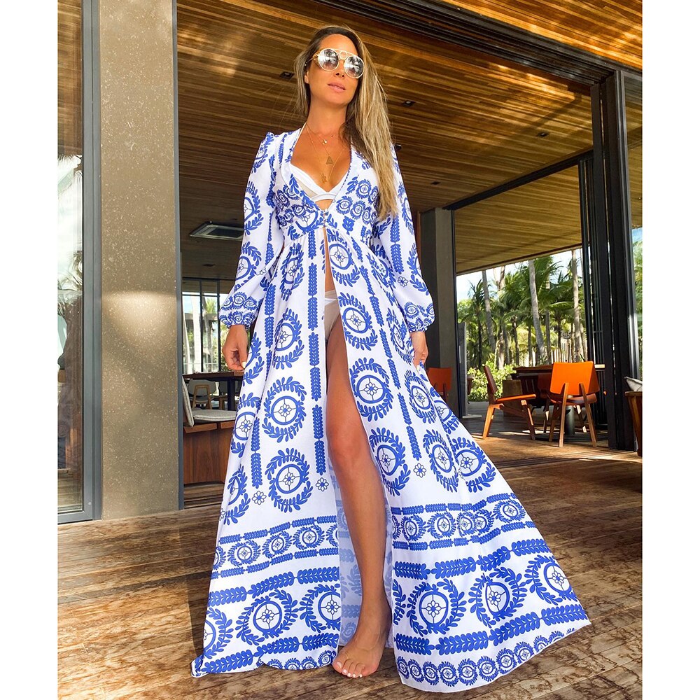 Blue Eyes Bikini Beach Cover up Tunics for Beach Long Kaftan Bikini Cover up Robe de Plage Sarong Beach Swimsuit cover-ups TZ21133WD0 One Size