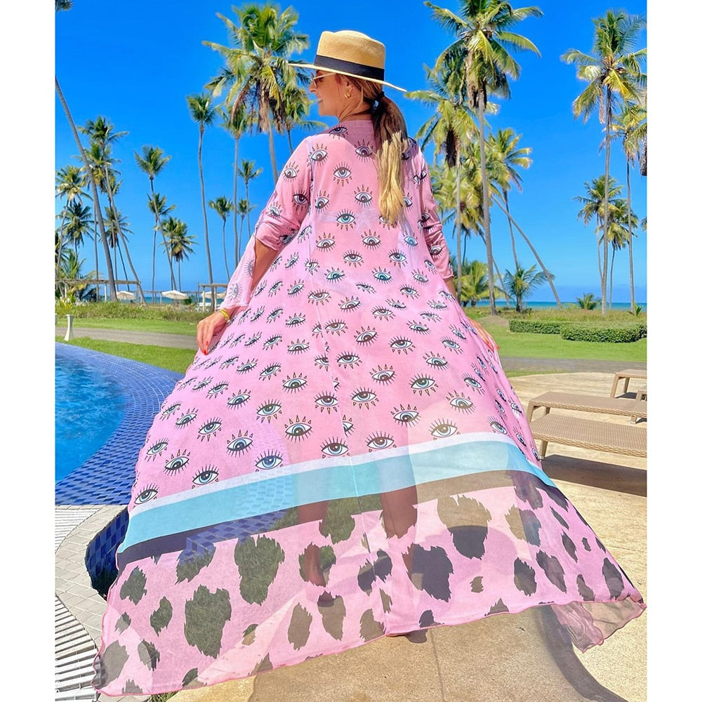 Blue Eyes Bikini Beach Cover up Tunics for Beach Long Kaftan Bikini Cover up Robe de Plage Sarong Beach Swimsuit cover-ups TZ21133P70 One Size