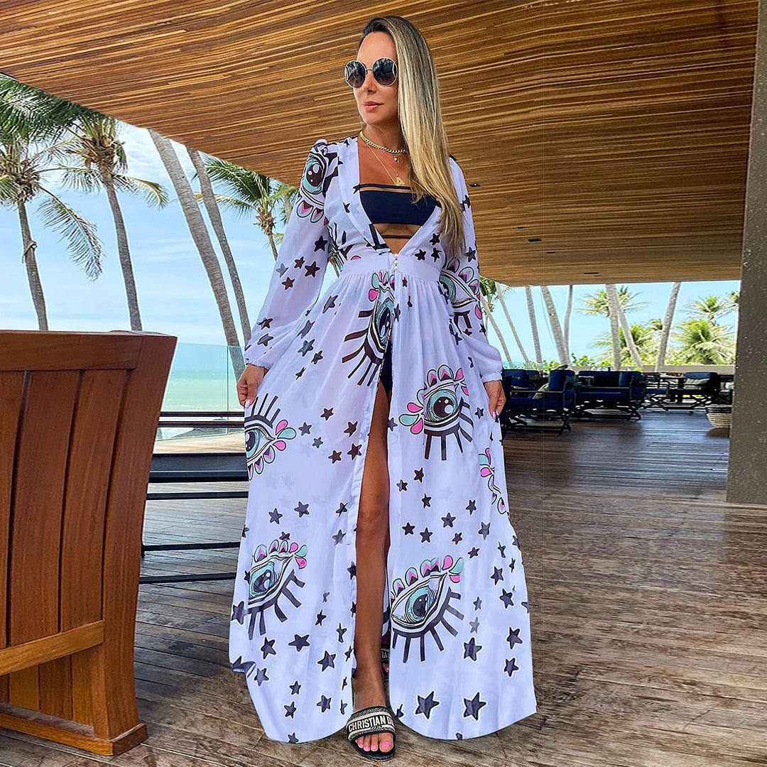 Blue Eyes Bikini Beach Cover up Tunics for Beach Long Kaftan Bikini Cover up Robe de Plage Sarong Beach Swimsuit cover-ups