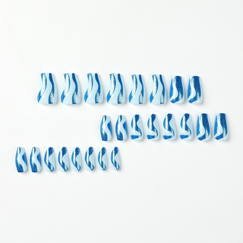 Blue Glitter Powder Waves Design Wearable Nail Art Glossy Fake Nails Short Ballet Finished False Nails Press on Nails with Glue