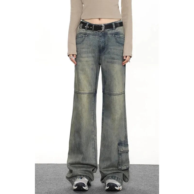 Blue Jeans Women Belt High Waist American Wide Leg Pants Y2K Style Fashion Streetwear Female Pants 2024 Winter Straight Trousers AMAIO