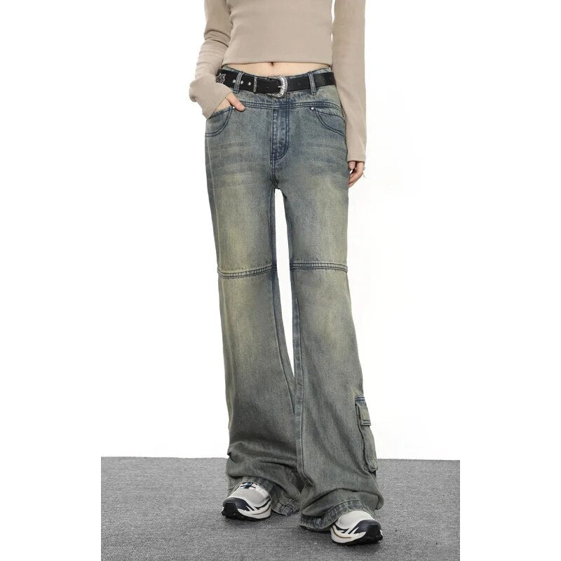Blue Jeans Women Belt High Waist American Wide Leg Pants Y2K Style Fashion Streetwear Female Pants 2024 Winter Straight Trousers