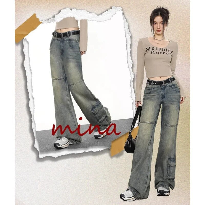 Blue Jeans Women Belt High Waist American Wide Leg Pants Y2K Style Fashion Streetwear Female Pants 2024 Winter Straight Trousers