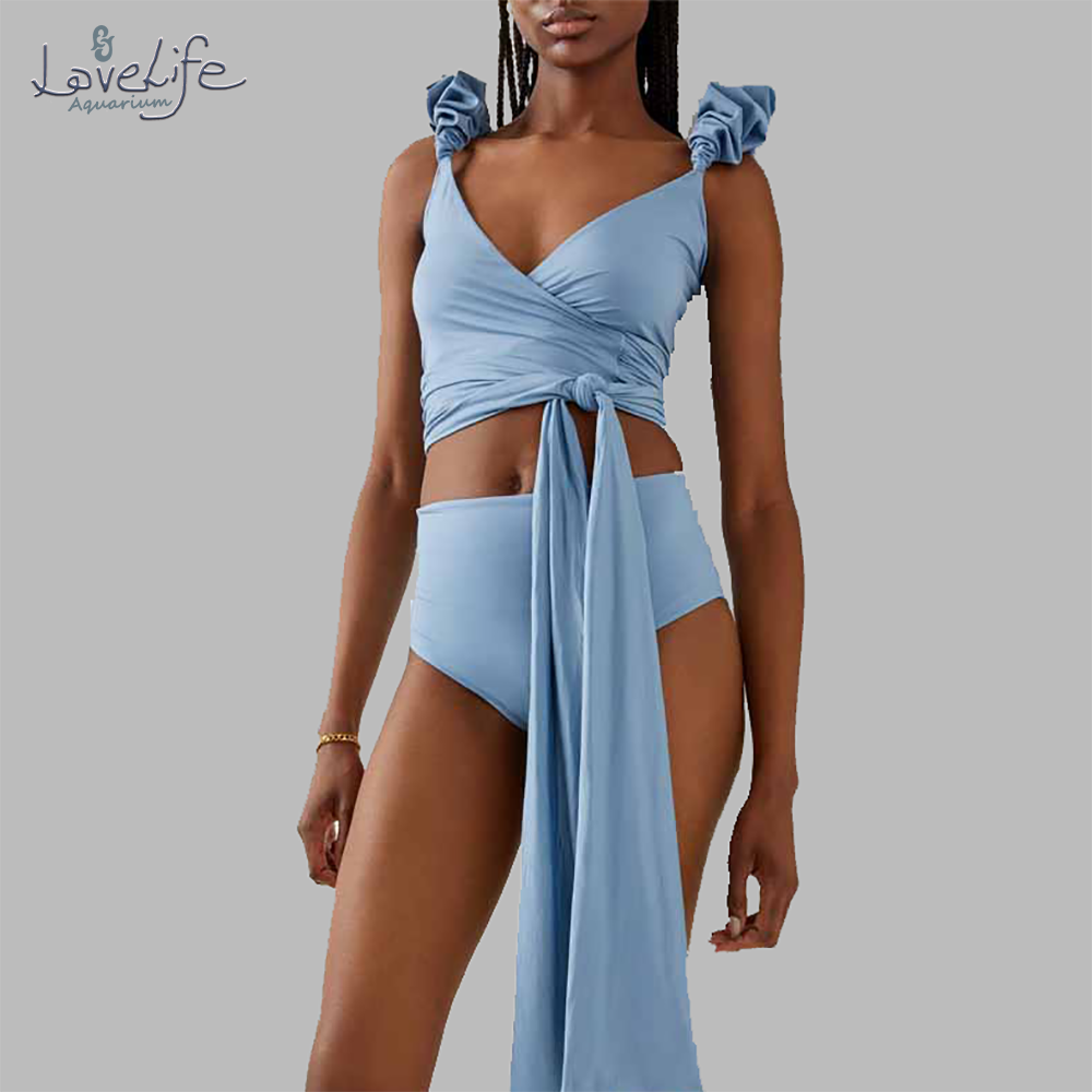 Blue Solid Color Waist Tie Women's Bandage Swimsuit Two Pieces Plus Size Tankini Lace Stripe Cutout Tight Cover Up Swim