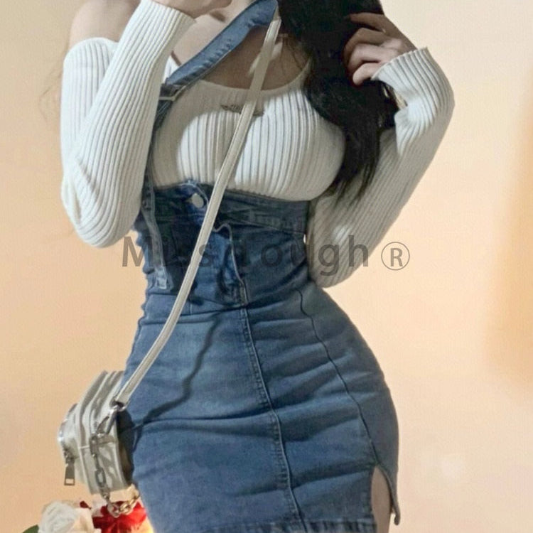 Blue Vintage Knitted Two Piece Set Women Sexy Denim Party Mini Skirt Set Female Split Casual Fashion Skirt Suit 2024 Autumn New