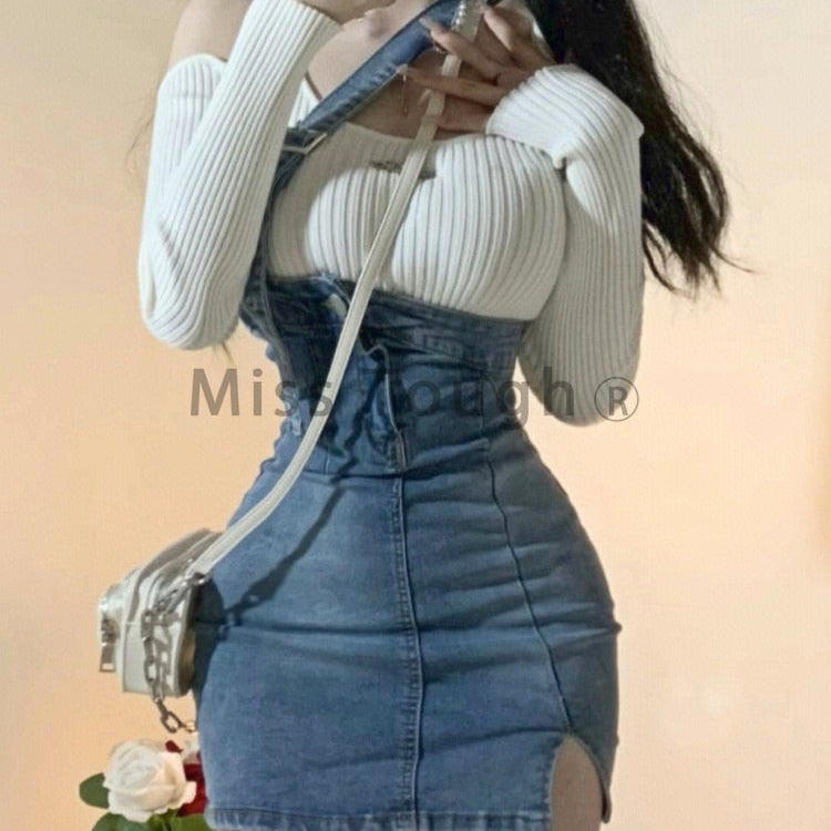 Blue Vintage Knitted Two Piece Set Women Sexy Denim Party Mini Skirt Set Female Split Casual Fashion Skirt Suit 2024 Autumn New