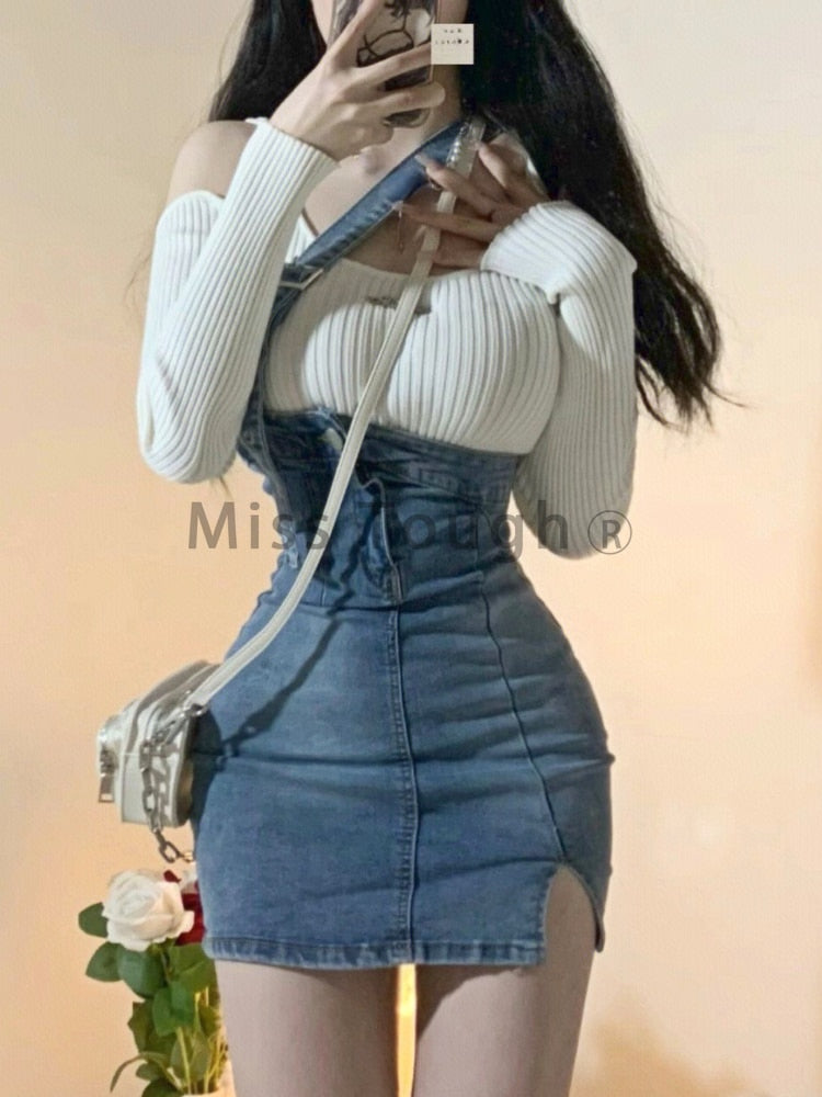 Blue Vintage Knitted Two Piece Set Women Sexy Denim Party Mini Skirt Set Female Split Casual Fashion Skirt Suit 2024 Autumn New