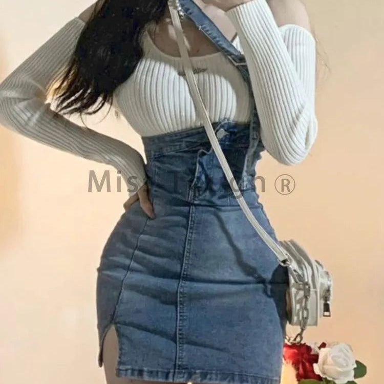 Blue Vintage Knitted Two Piece Set Women Sexy Denim Party Mini Skirt Set Female Split Casual Fashion Skirt Suit 2024 Autumn New