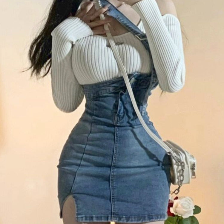 Blue Vintage Knitted Two Piece Set Women Sexy Denim Party Mini Skirt Set Female Split Casual Fashion Skirt Suit 2024 Autumn New Set