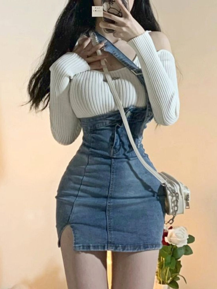 Blue Vintage Knitted Two Piece Set Women Sexy Denim Party Mini Skirt Set Female Split Casual Fashion Skirt Suit 2024 Autumn New Set