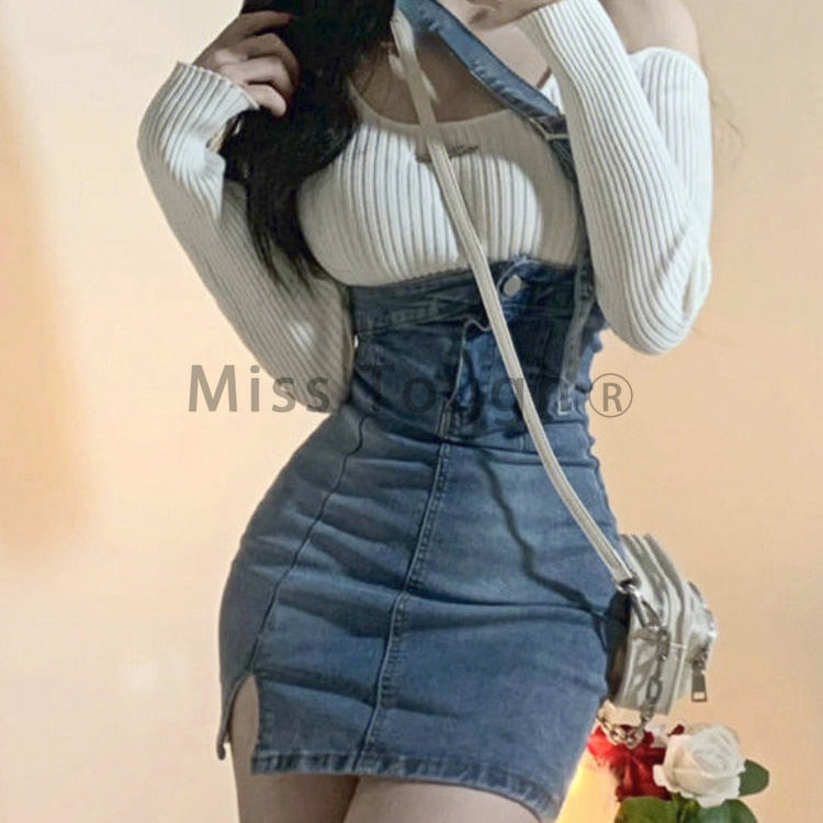Blue Vintage Knitted Two Piece Set Women Sexy Denim Party Mini Skirt Set Female Split Casual Fashion Skirt Suit 2024 Autumn New