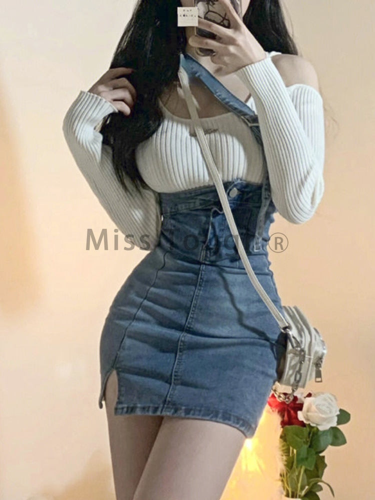 Blue Vintage Knitted Two Piece Set Women Sexy Denim Party Mini Skirt Set Female Split Casual Fashion Skirt Suit 2024 Autumn New