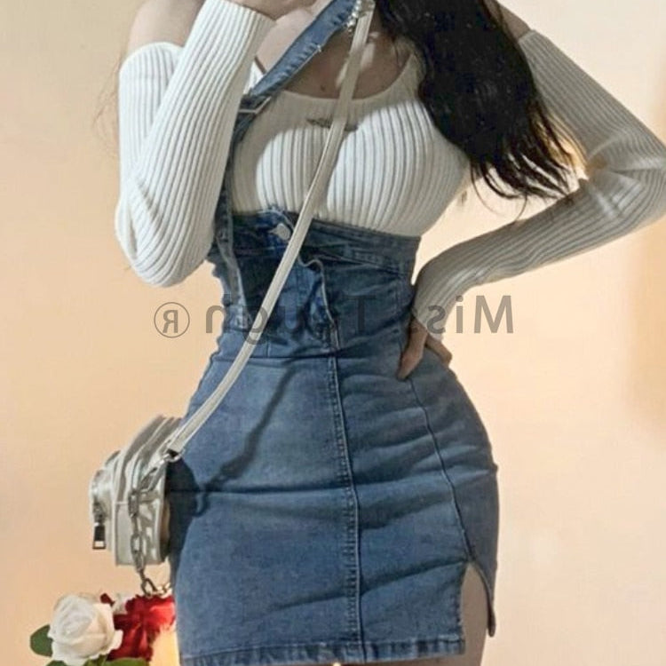 Blue Vintage Knitted Two Piece Set Women Sexy Denim Party Mini Skirt Set Female Split Casual Fashion Skirt Suit 2024 Autumn New