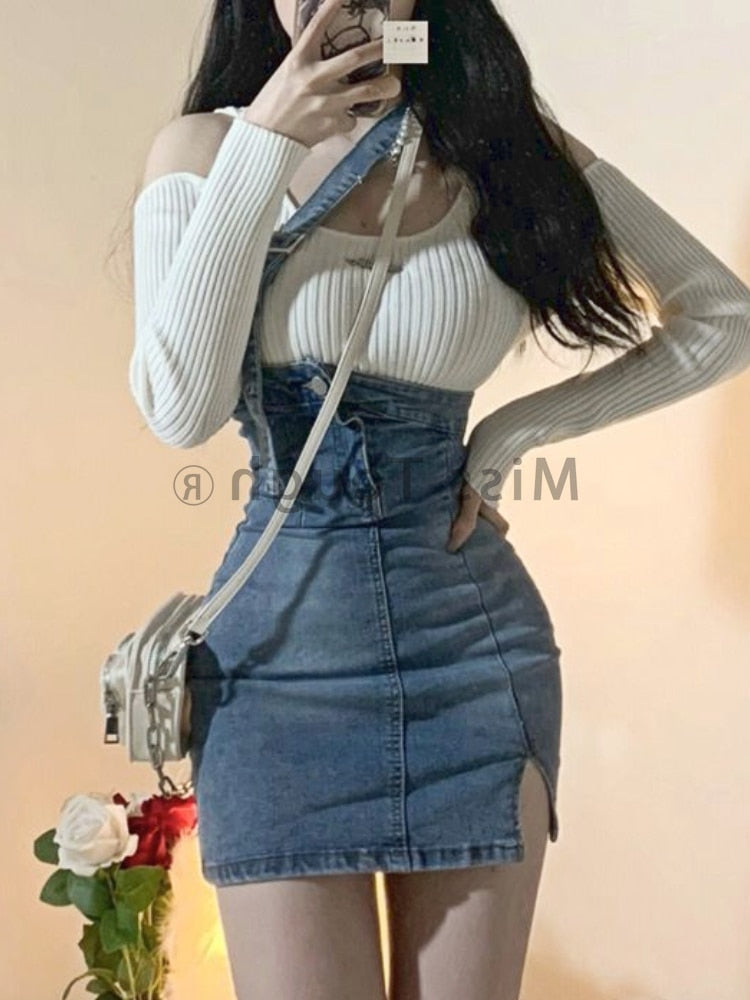 Blue Vintage Knitted Two Piece Set Women Sexy Denim Party Mini Skirt Set Female Split Casual Fashion Skirt Suit 2024 Autumn New