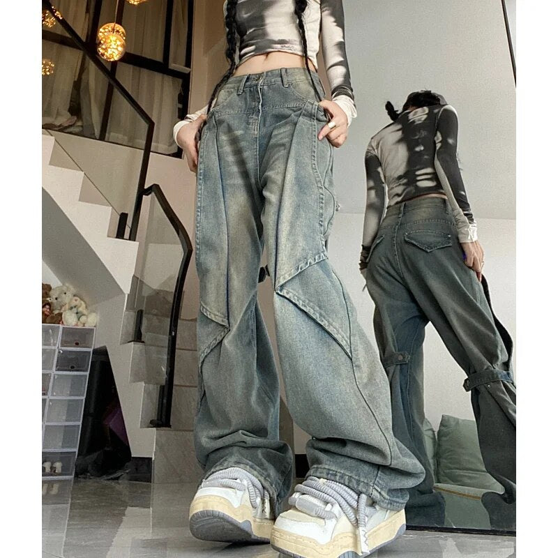 Blue Women Jeans Vintage High Waist Chic American Fashion Y2K Streetwear Wide Leg Jean Female Trouser 2024 NEW Baggy Denim Pants