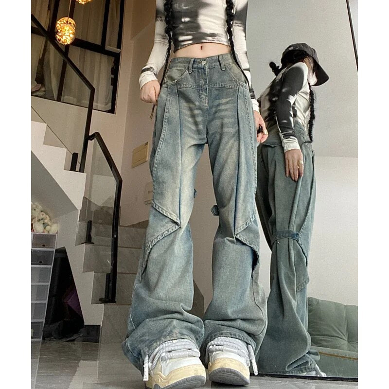Blue Women Jeans Vintage High Waist Chic American Fashion Y2K Streetwear Wide Leg Jean Female Trouser 2024 NEW Baggy Denim Pants