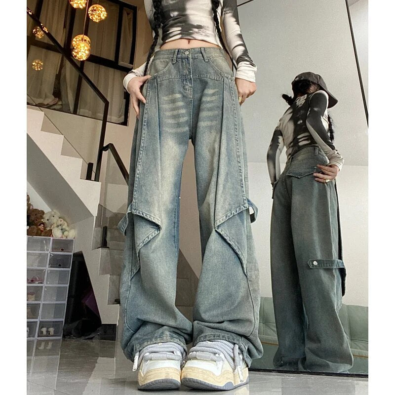 Blue Women Jeans Vintage High Waist Chic American Fashion Y2K Streetwear Wide Leg Jean Female Trouser 2024 NEW Baggy Denim Pants Blue