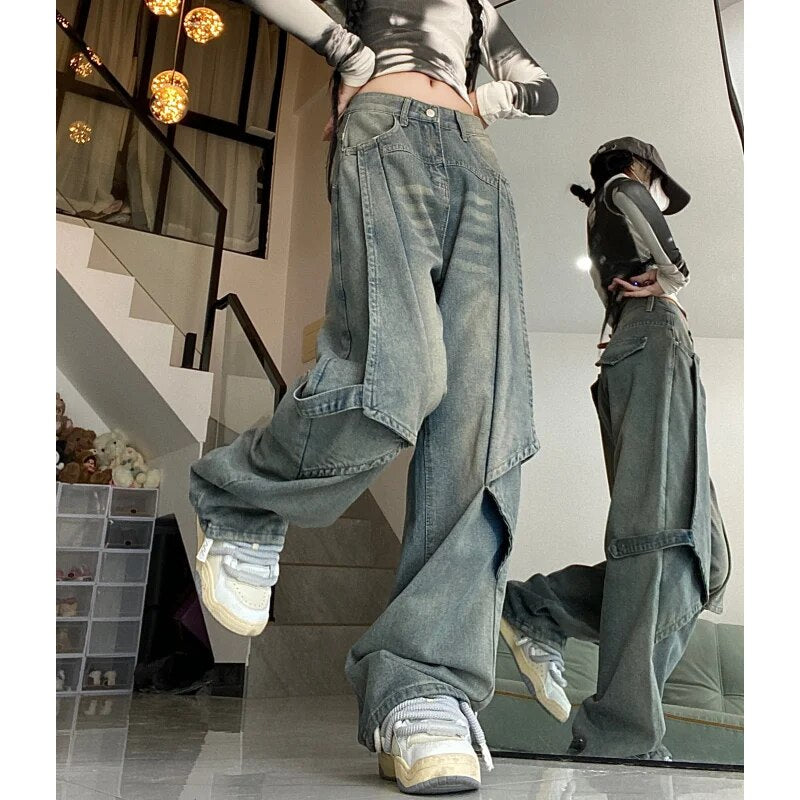 Blue Women Jeans Vintage High Waist Chic American Fashion Y2K Streetwear Wide Leg Jean Female Trouser 2024 NEW Baggy Denim Pants