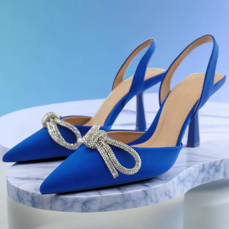 Blue Women's Mueller Shoes Baotou Bow Pointed Heels Summer Fashion Hundred Sexy Women Sandals Shoes Sandals High Heels AMAIO