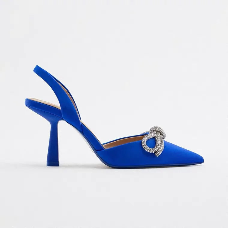 Blue Women's Mueller Shoes Baotou Bow Pointed Heels Summer Fashion Hundred Sexy Women Sandals Shoes Sandals High Heels Blue