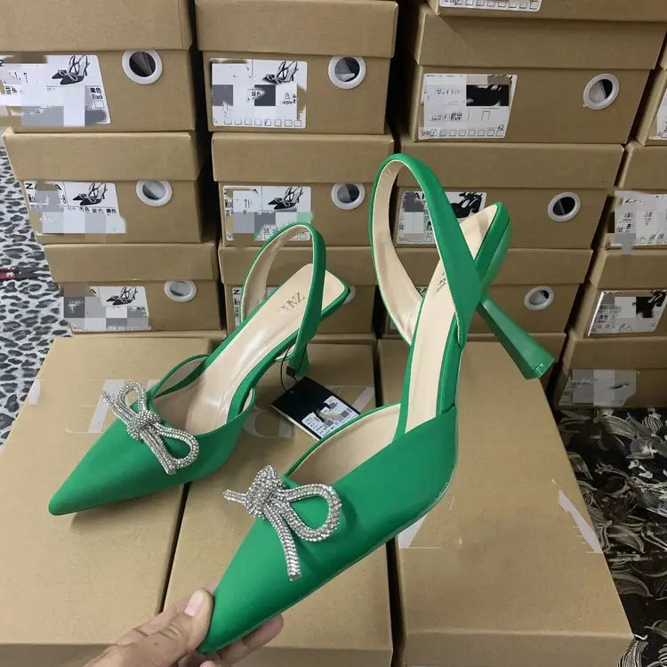 Blue Women's Mueller Shoes Baotou Bow Pointed Heels Summer Fashion Hundred Sexy Women Sandals Shoes Sandals High Heels green