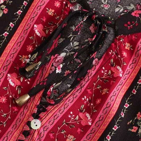 Bohemia Bandage Open buttons V neck Floral Print Shirt Holiday Women Contrast color Long Sleeve Blouse Tops Beach