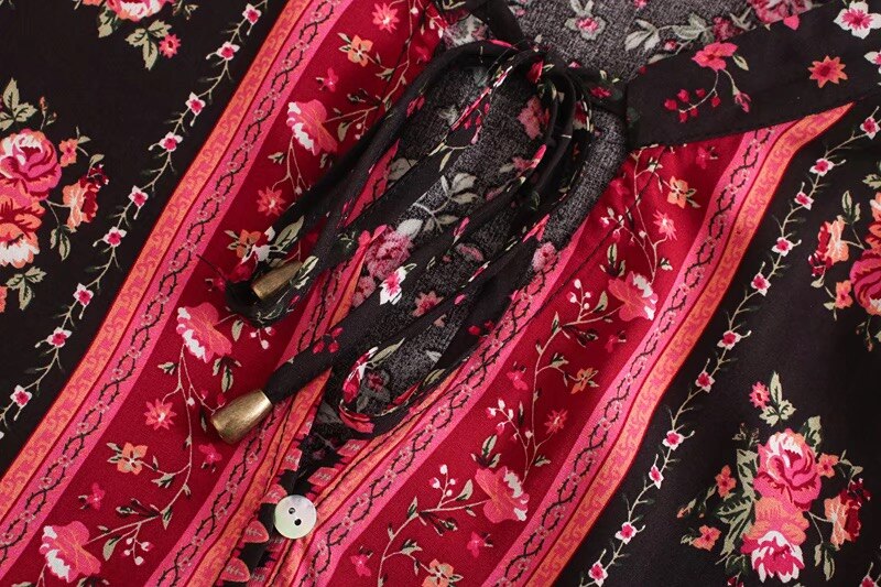 Bohemia Bandage Open buttons V neck Floral Print Shirt Holiday Women Contrast color Long Sleeve Blouse Tops Beach