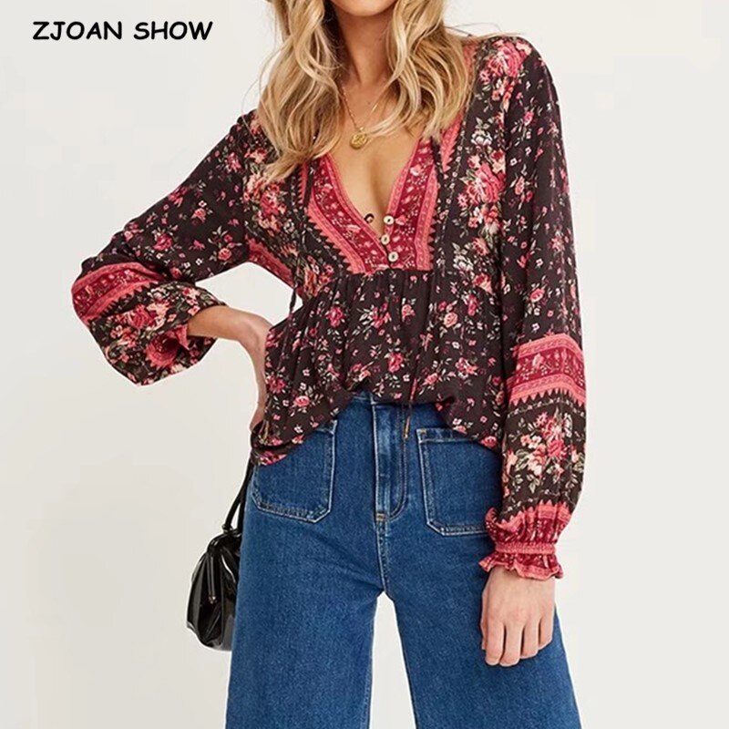 Bohemia Bandage Open buttons V neck Floral Print Shirt Holiday Women Contrast color Long Sleeve Blouse Tops Beach AMAIO