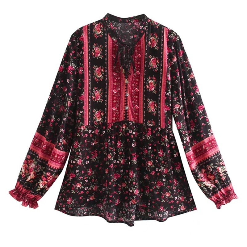 Bohemia Bandage Open buttons V neck Floral Print Shirt Holiday Women Contrast color Long Sleeve Blouse Tops Beach Black